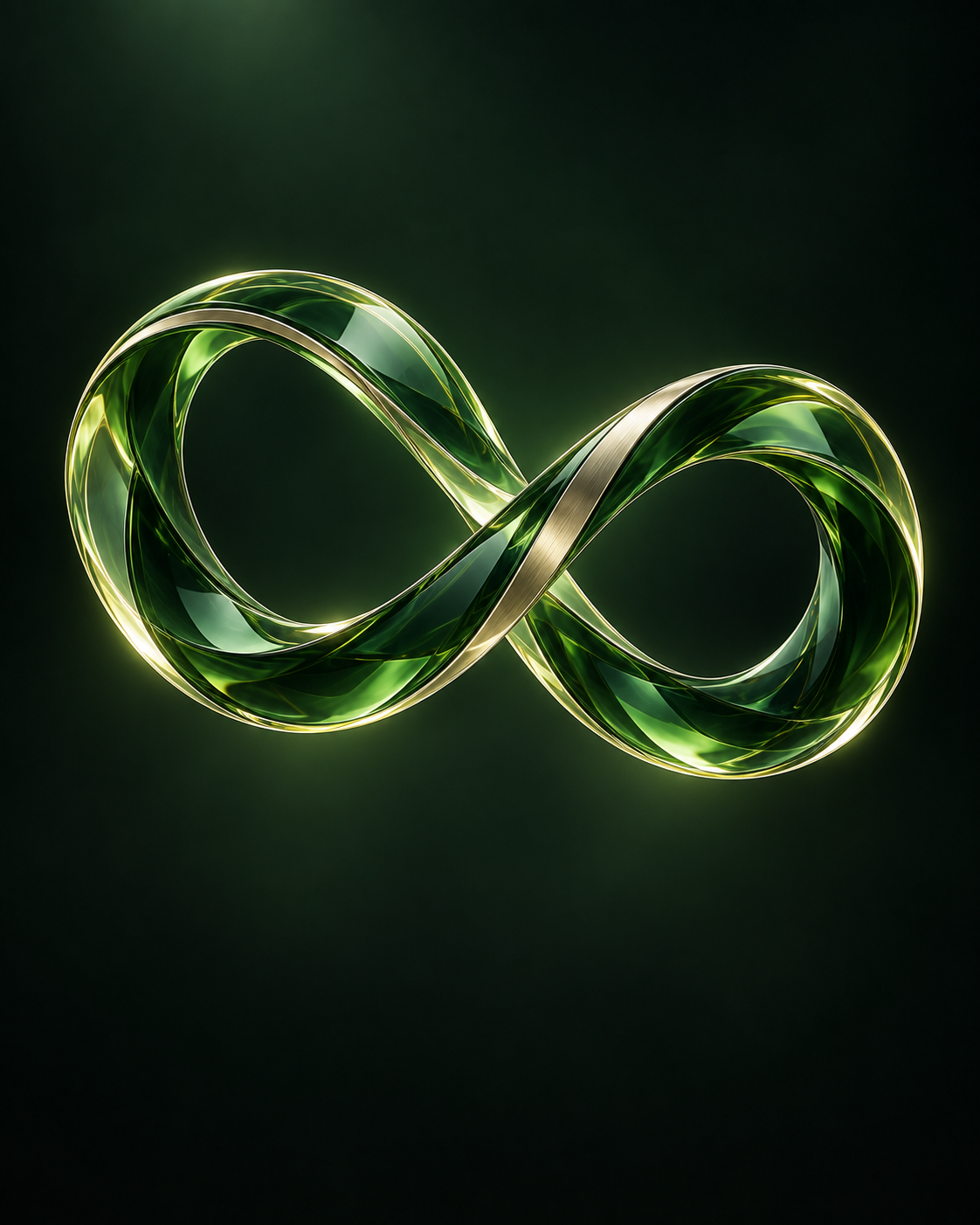 An emerald glass infinity sculpture with a fine metallic edge, floating against a deep forest background.